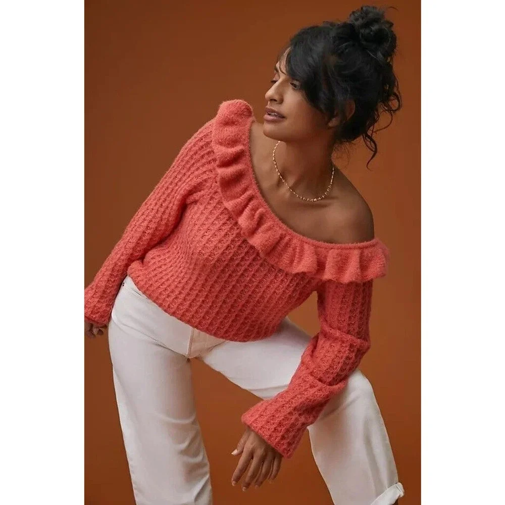 Anthropologie Ruffled Boat Neck Sweater Size XS Coral Pink Fuzzy Knit Wool Blend